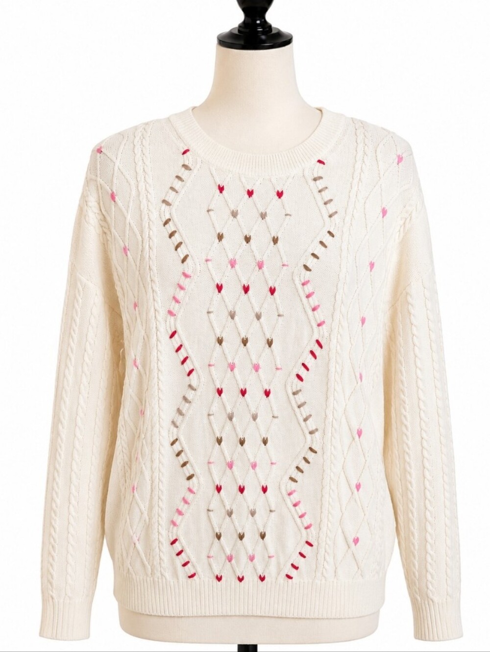Cozy  Cream Cable Knit Heart Stitch Sweater Crew Neck Petite XLarge Cottagecore